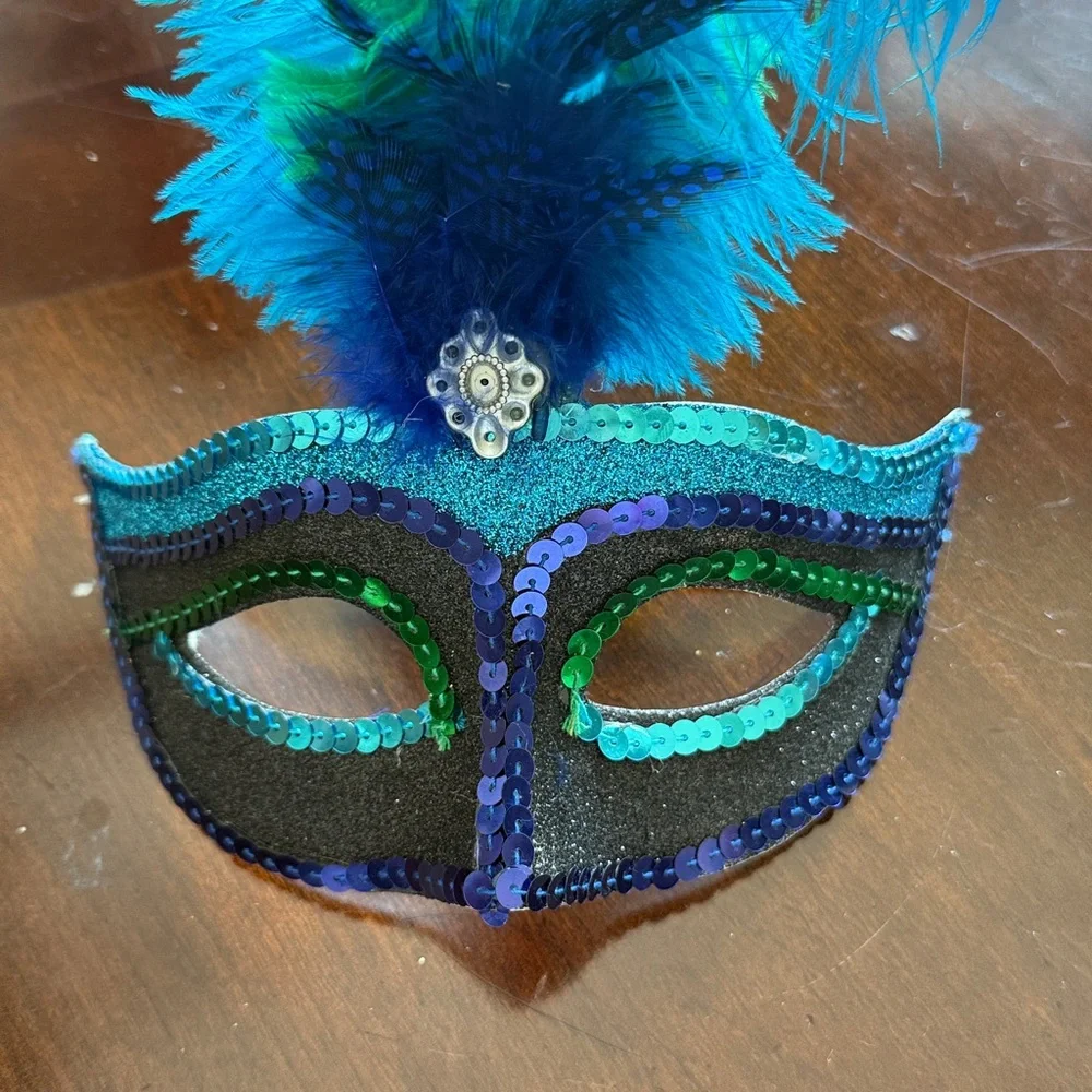 Colorful Feathered Masquerade Mask turquoise green cobalt blue sequined feathers
